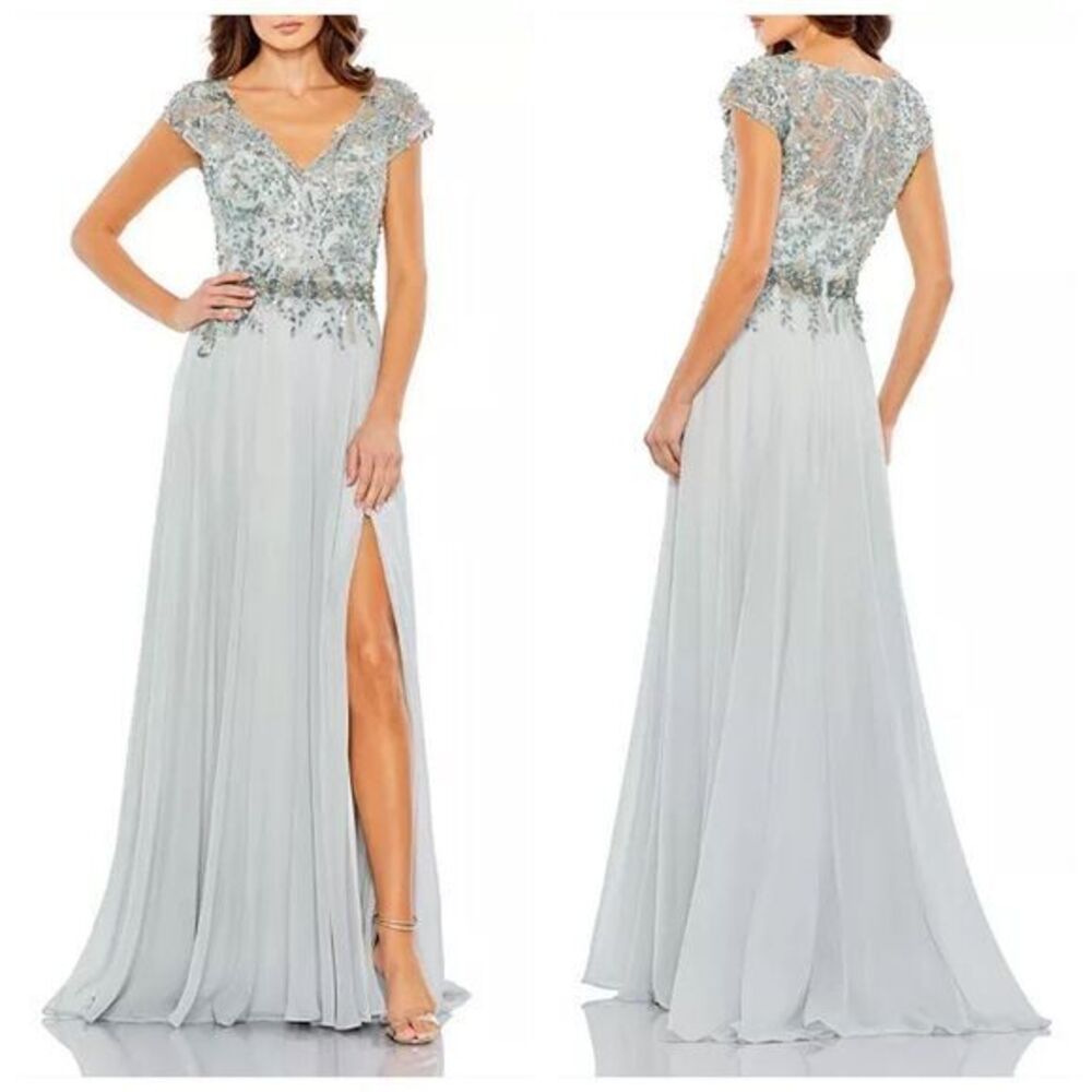 Mac Duggal 79365 Embellished Cap Sleeve Bodice Flowy Tulle Gown Blue Sz 24